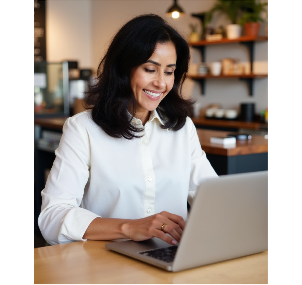 Smiling woman using laptop at a cafe