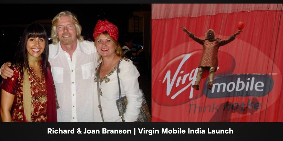 Maria James with Richard and Joan Branson at the Virgin Mobile India launch